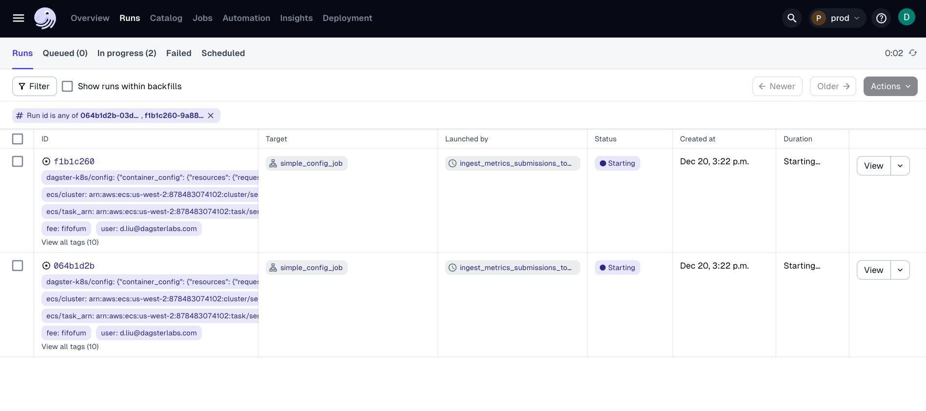 Runs page after launching all runs in the Dagster UI